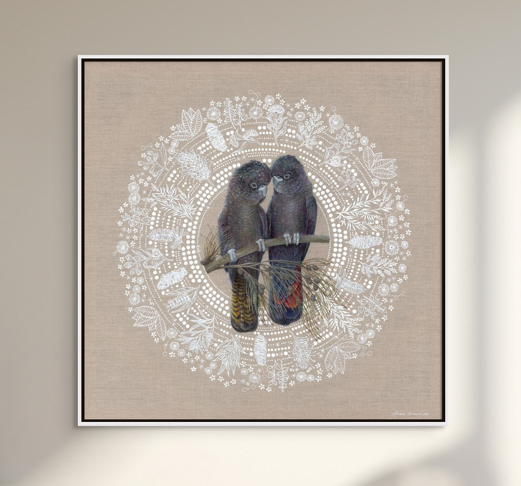 RED TAILED BLACK COCKATOO'S - WHITE TASMANIAN OAK FRAMED ORIGINAL